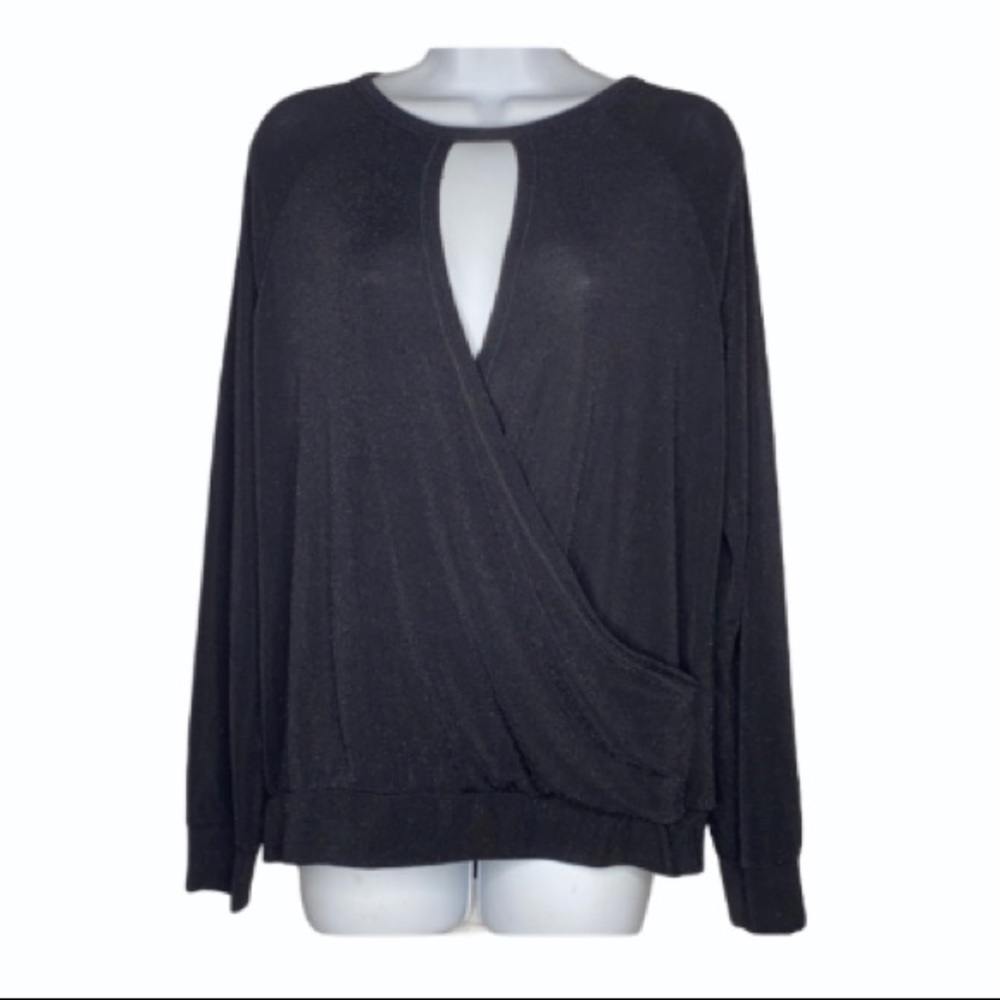 Rachel Roy Black Gold Faux Wrap Keyhole Top Medium